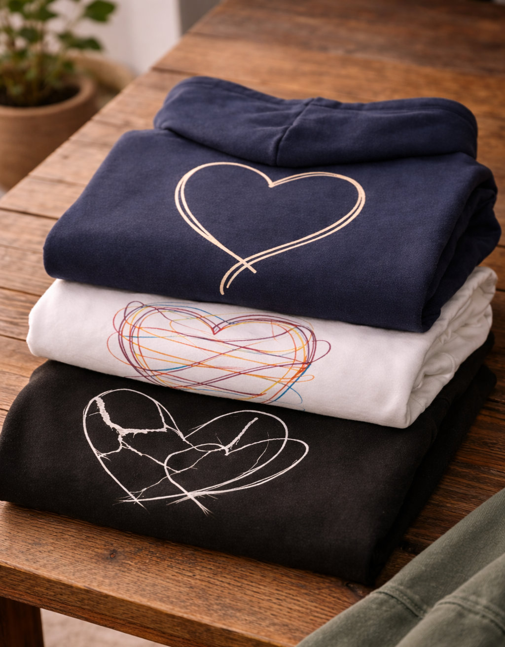 Stack of folded shirts with heart designs on a wooden table